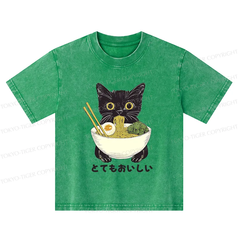 Tokyo-Tiger Ramen Lover Cute Cat Kids Washed T-Shirt
