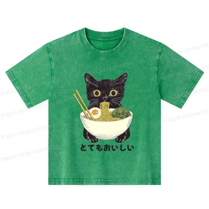 Tokyo-Tiger Ramen Lover Cute Cat Kids Washed T-Shirt