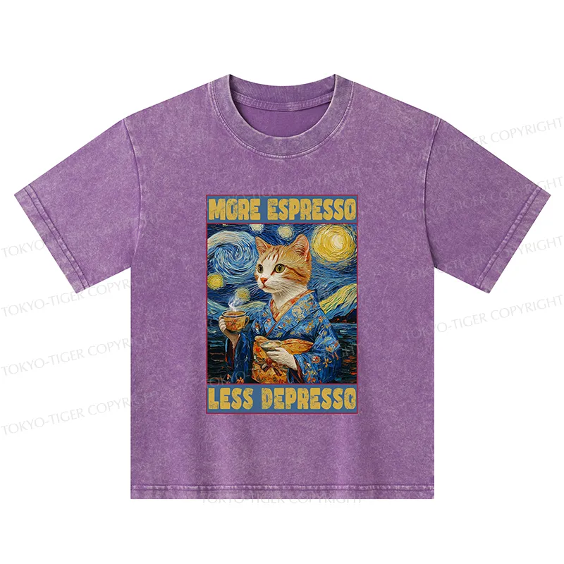 Tokyo-Tiger Funny More Espresso Less Depresso Kids Washed T-Shirt