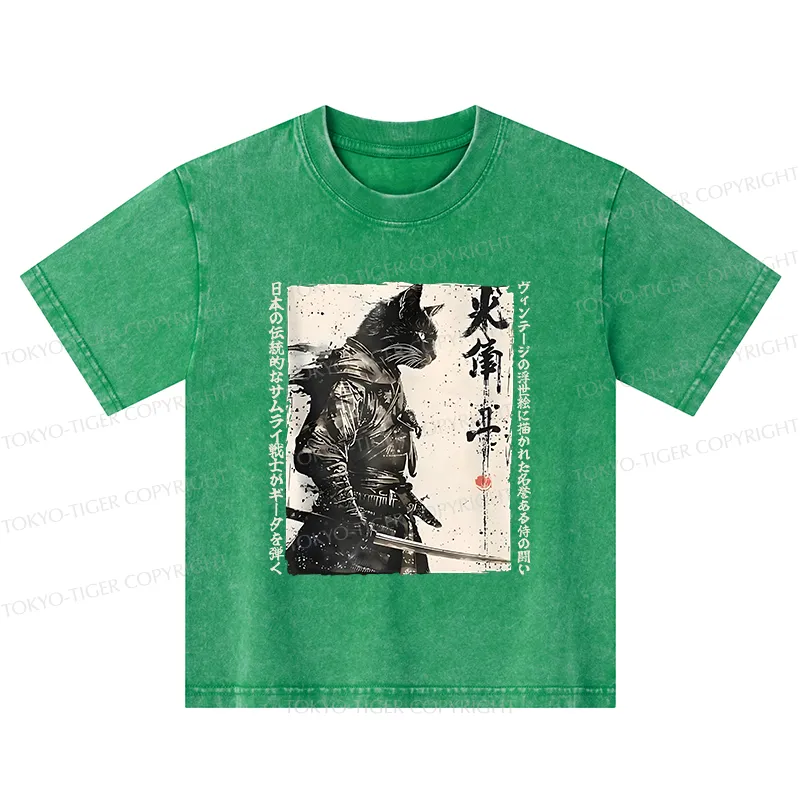 Tokyo-Tiger Cat Samurai Retro Kids Washed T-Shirt
