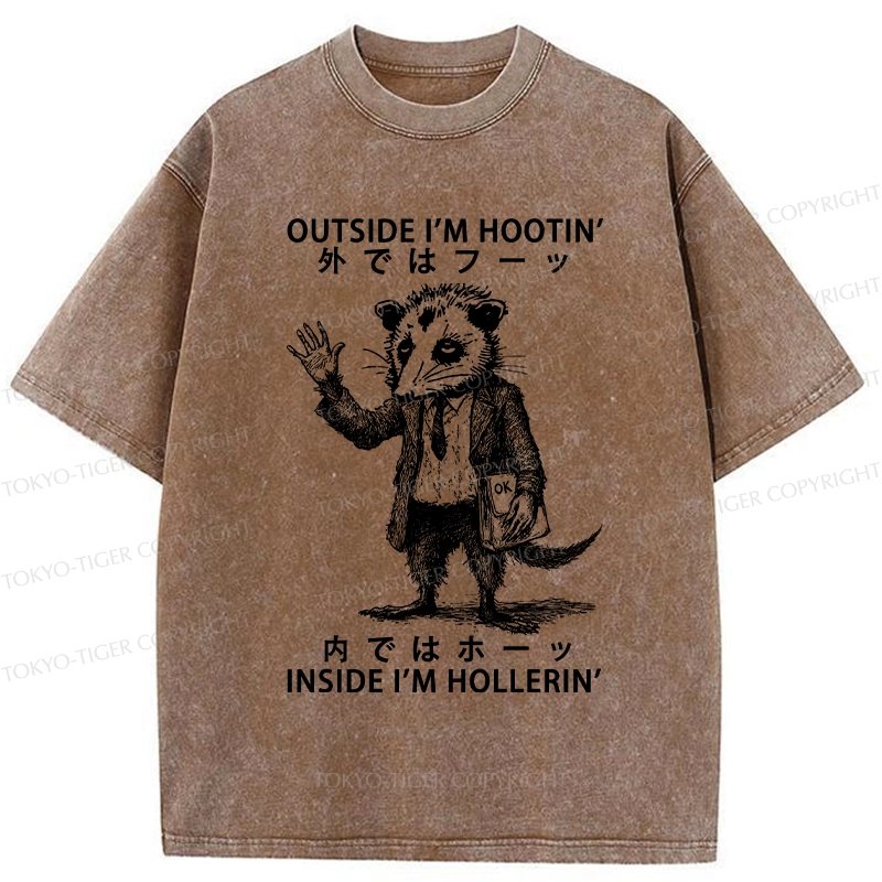 Tokyo-Tiger Funny Hootin' And Hollerin' Possum Washed T-Shirt