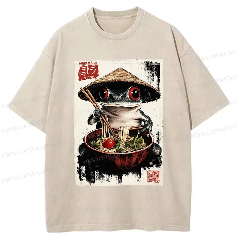 Tokyo-Tiger Retro Frog Eating Ramen Noodles Washed T-Shirt