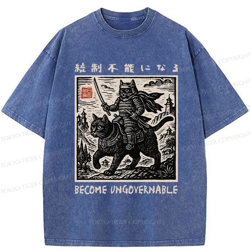Tokyo-Tiger Funny Cat Samurai Riding A Cat Washed T-Shirt