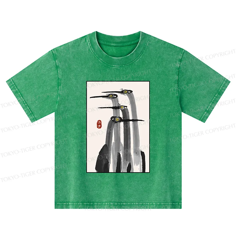 Tokyo-Tiger Japanese Crane Poster Kids Washed T-Shirt