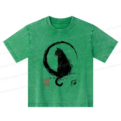 Tokyo-Tiger Retro Japanese Black Cat Kids Washed T-Shirt