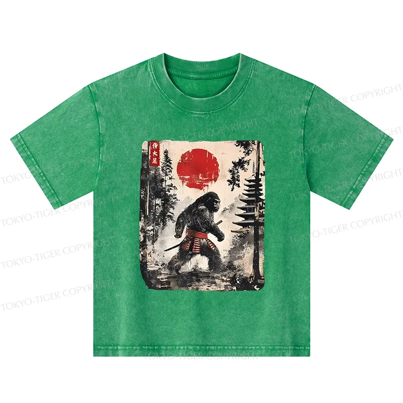 Tokyo-Tiger Japanese Samurai Bigfoot Kids Washed T-Shirt