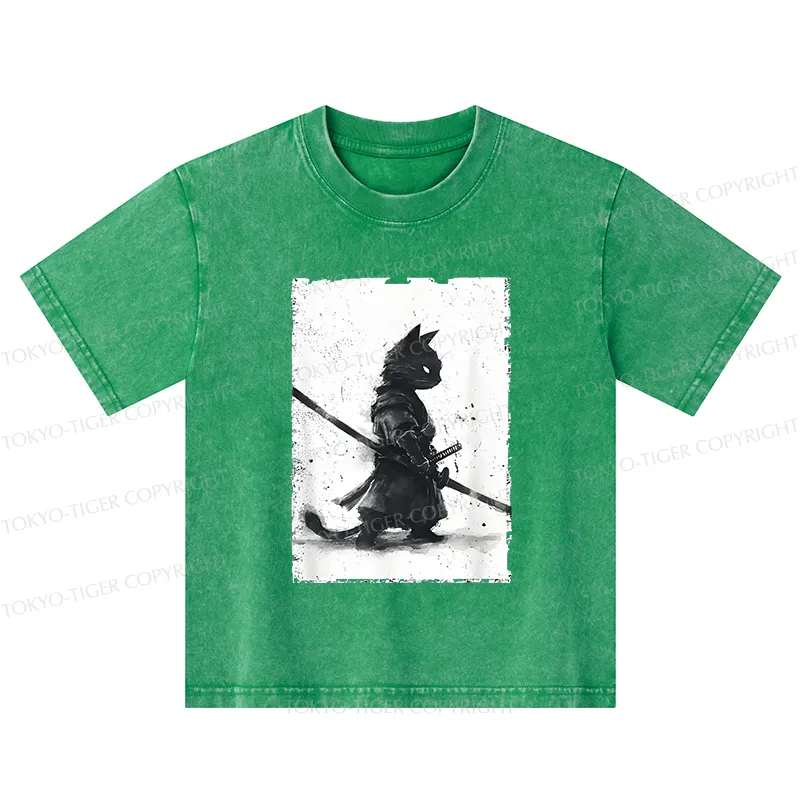 Tokyo-Tiger Retro Cat Samurai Japanese Kids Washed T-Shirt