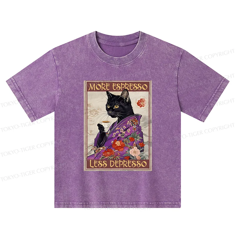 Tokyo-Tiger Japanese Cat Drinking Coffee Kids Washed T-Shirt