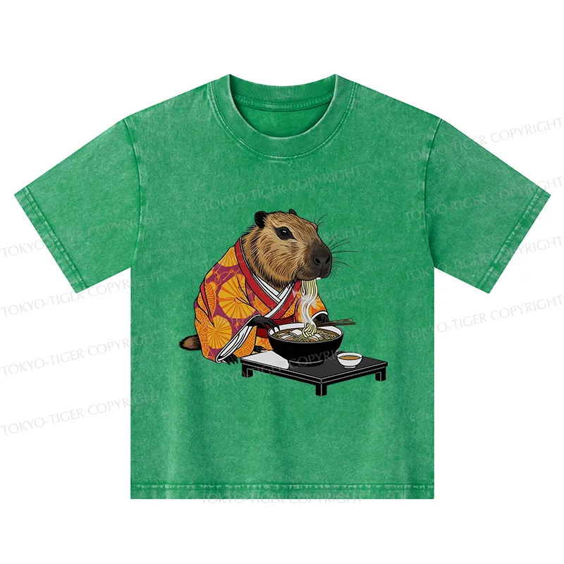 Tokyo-Tiger Cute Capybara Eating Ramen Kids Washed T-Shirt