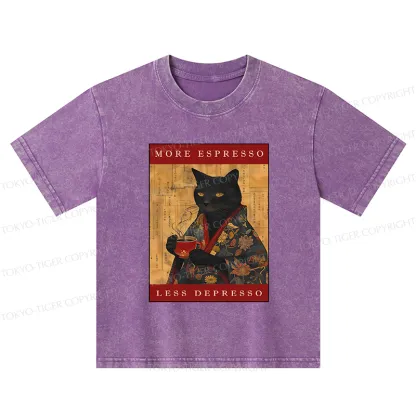 Tokyo-Tiger More Espresso Less Depresso Cat Kids Washed T-Shirt