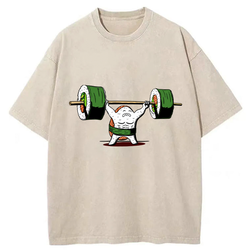 Tokyo-Tiger Funny Sushi Weightlifting Washed T-Shirt