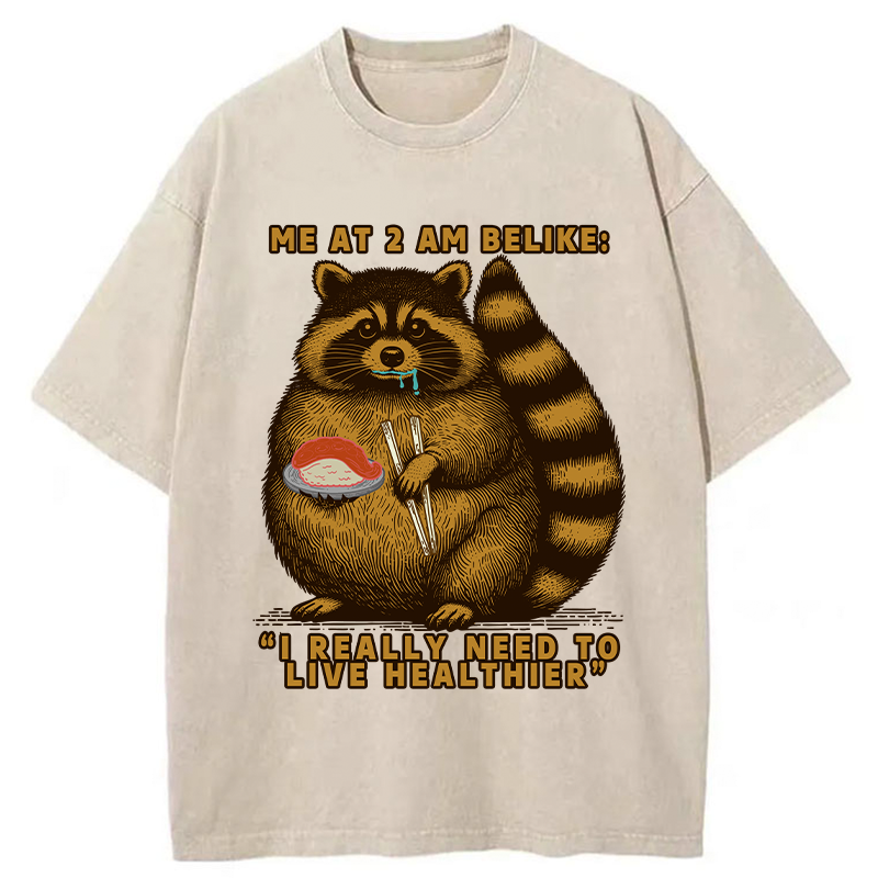 Tokyo-Tiger Fat Raccoon Eating Sushi Washed T-Shirt