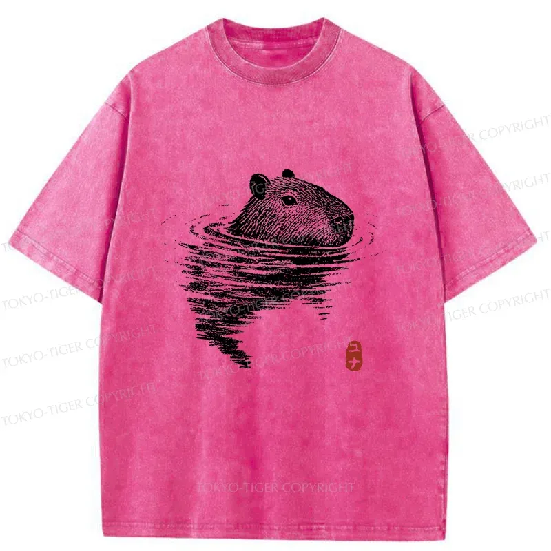 Tokyo-Tiger Swimming Capybara Washed T-Shirt