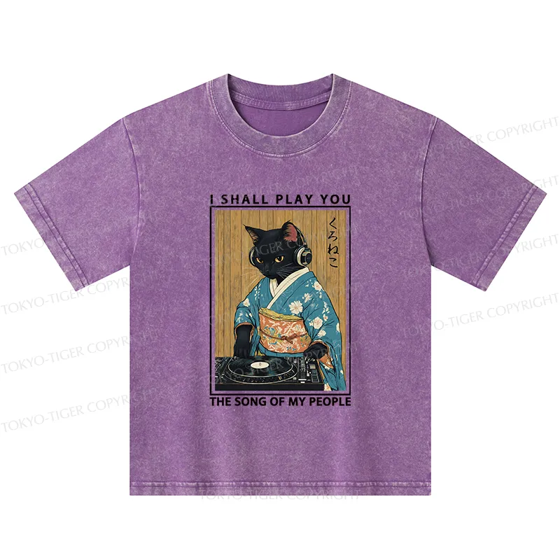 Tokyo-Tiger Funny Playing Music Black Cat Kids Washed T-Shirt