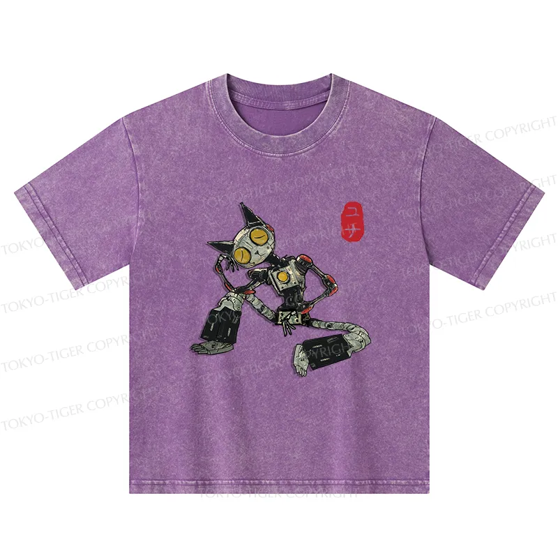 Tokyo-Tiger Contemplative Robot Cat Kids Washed T-Shirt