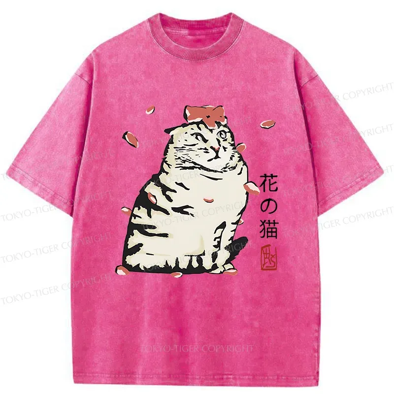 Tokyo-Tiger Cat And Sakura Washed T-Shirt