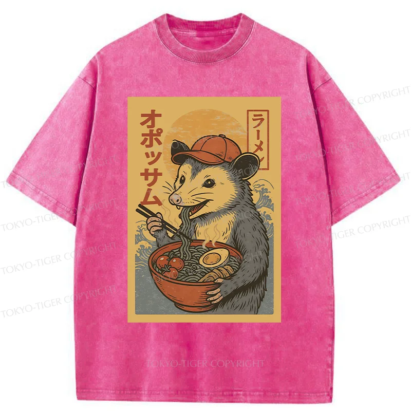 Tokyo-Tiger Opossum Eat Ramen Washed T-Shirt