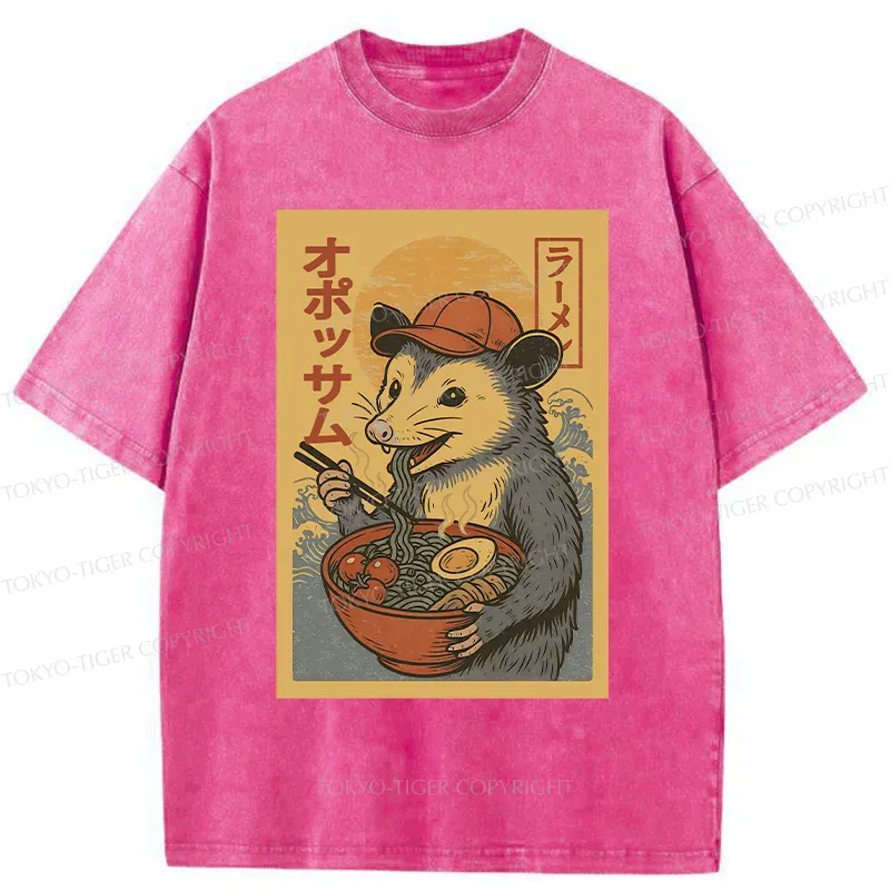 Tokyo-Tiger Opossum Eat Ramen Washed T-Shirt