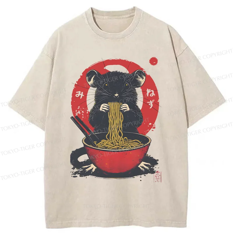 Tokyo-Tiger Mouse Eating Ramen Washed T-Shirt
