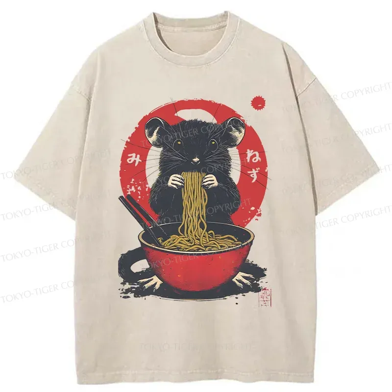 Tokyo-Tiger Mouse Eating Ramen Washed T-Shirt