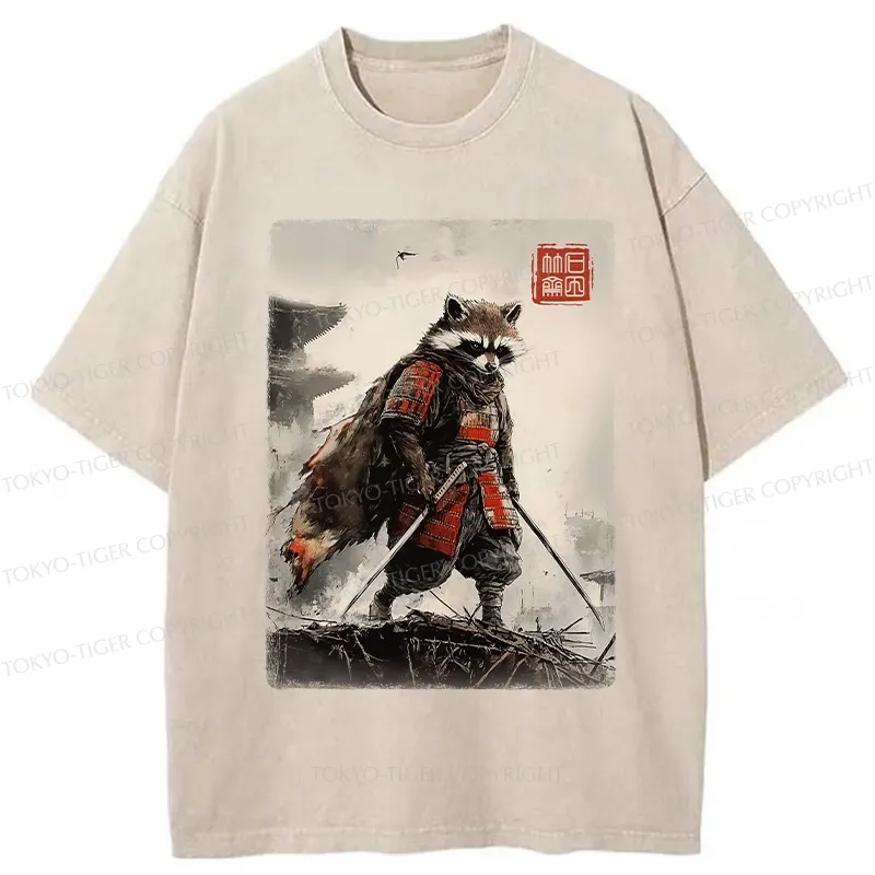 Tokyo-Tiger Retro Raccoon Samurai Washed T-Shirt