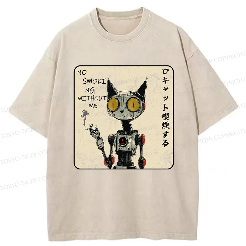 Tokyo-Tiger Smoking Robot Cat Washed T-Shirt