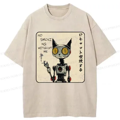 Tokyo-Tiger Smoking Robot Cat Washed T-Shirt