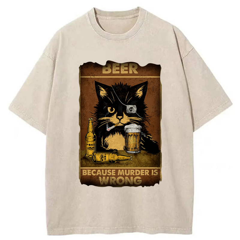 Tokyo-Tiger Black Cat Drinking Beer Washed T-Shirt