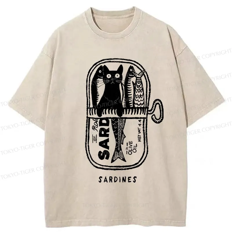 Tokyo-Tiger Cat Hiding In A Sardine Can Washed T-Shirt