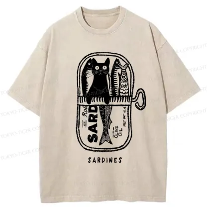 Tokyo-Tiger Cat Hiding In A Sardine Can Washed T-Shirt