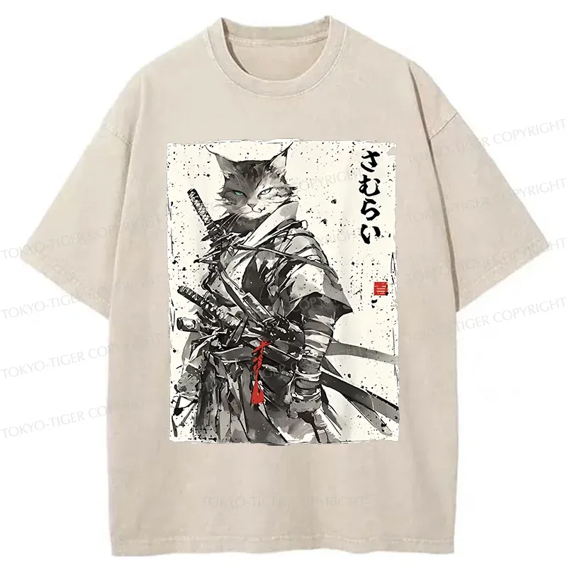 Tokyo-Tiger Retro Cat Samurai Washed T-Shirt
