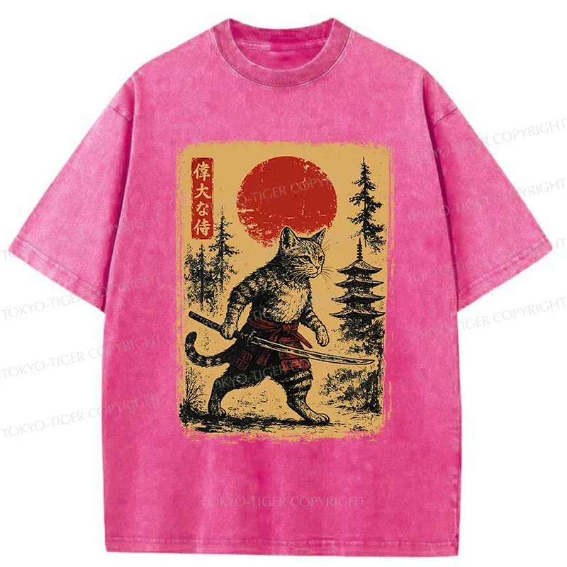 Tokyo-Tiger Stray Cat Samurai Washed T-Shirt