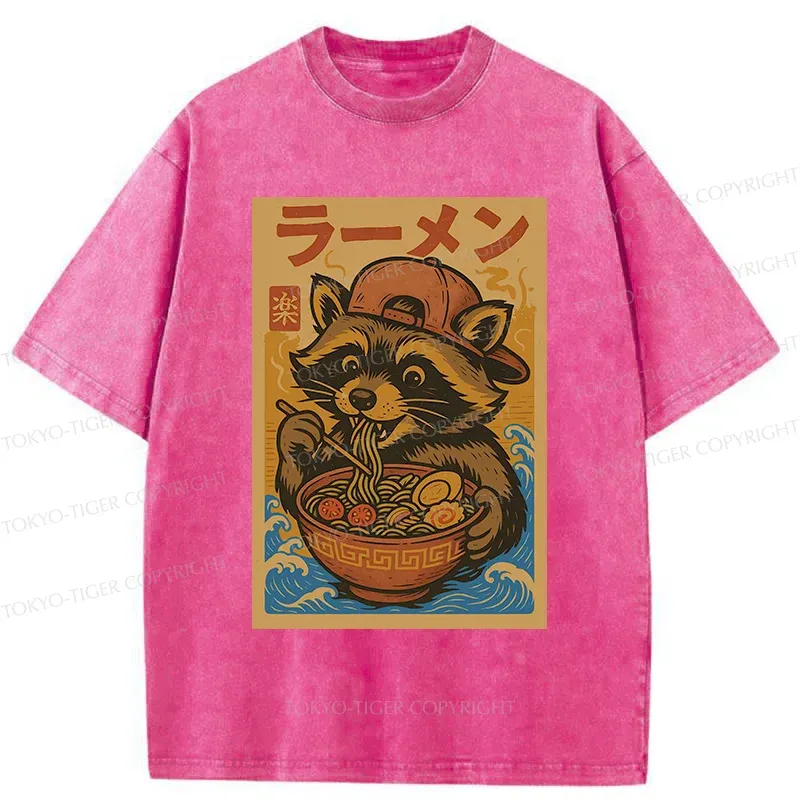 Tokyo-Tiger Cute Raccoon Eating Ramen Washed T-Shirt