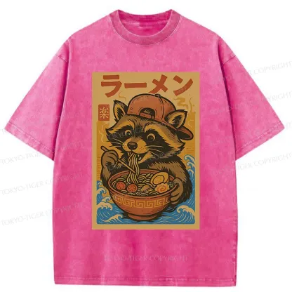 Tokyo-Tiger Cute Raccoon Eating Ramen Washed T-Shirt