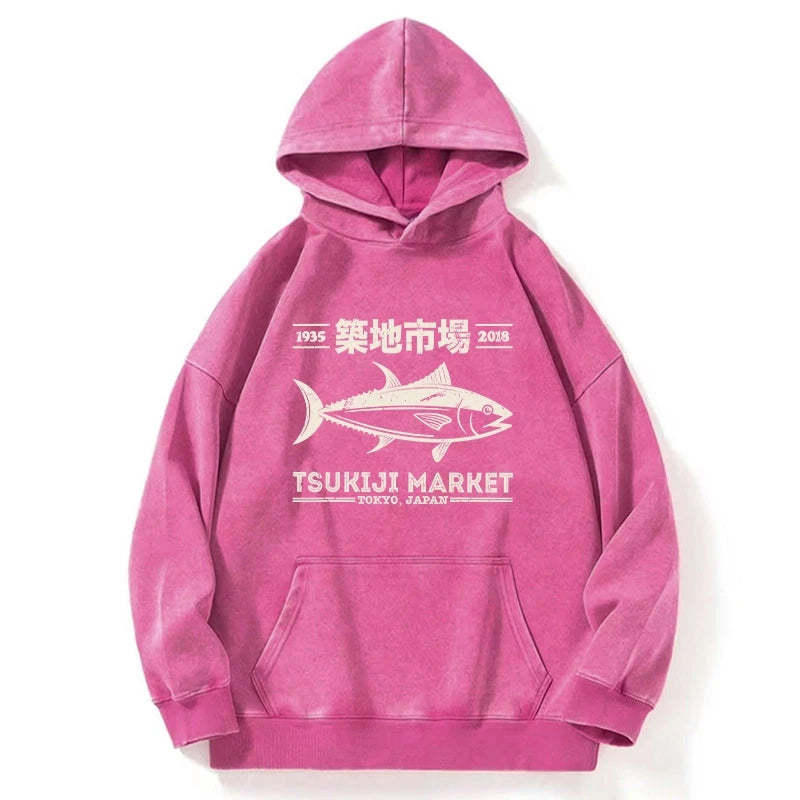 Tokyo-Tiger Retro Tsukiji Fish Market Streetwear Tokyo Washed Hoodie Sale