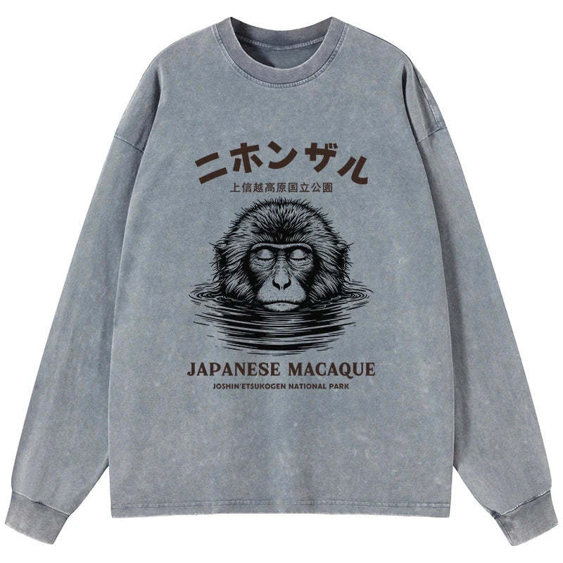 Tokyo-Tiger The Macaque Monkey In The Bath Japanese Washed Long Sleeve T-Shirt