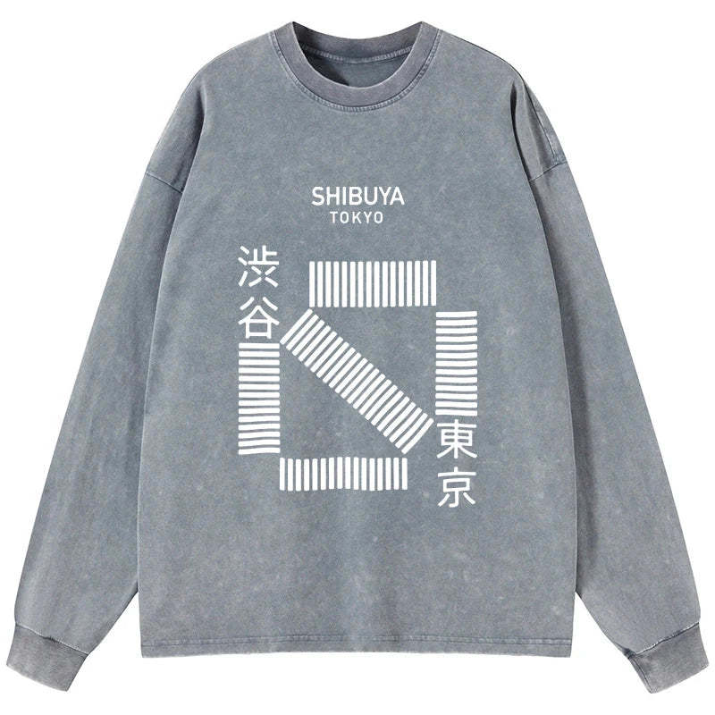 Tokyo-Tiger Japanese Shibuya Crossing Washed Long Sleeve T-Shirt Sale