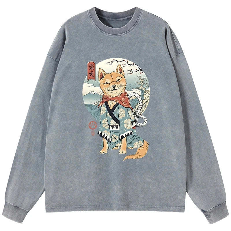 Tokyo-Tiger Samurai Shiba Dog Japanese Washed Long Sleeve T-Shirt Sale