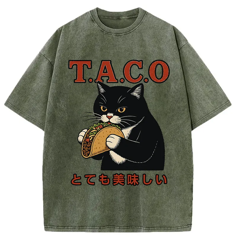 Tokyo-Tiger Cat Eating Taco Washed T-Shirt