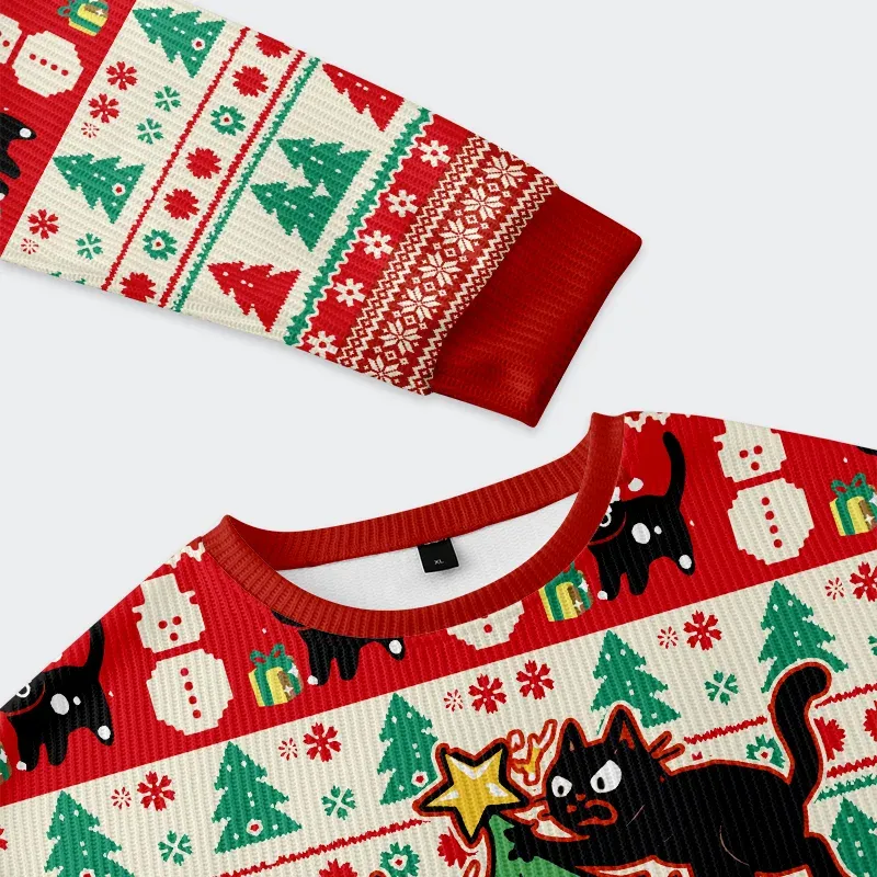 Tokyo-Tiger Black Cats Destroying Christmas Tree Christmas Ugly Sweatshirt