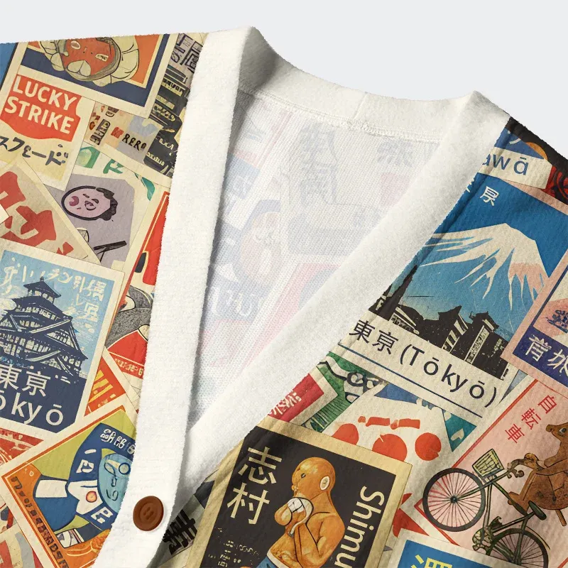 Tokyo-Tiger Japanese Vintage Stamps Ugly Cardigan Sweater