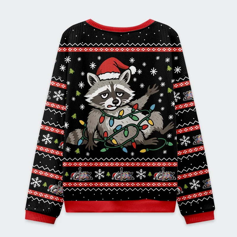 Tokyo-Tiger Raccoon Tangled In LED Strip Light Christmas Ugly Sweatshirt