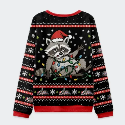 Tokyo-Tiger Raccoon Tangled In LED Strip Light Christmas Ugly Sweatshirt