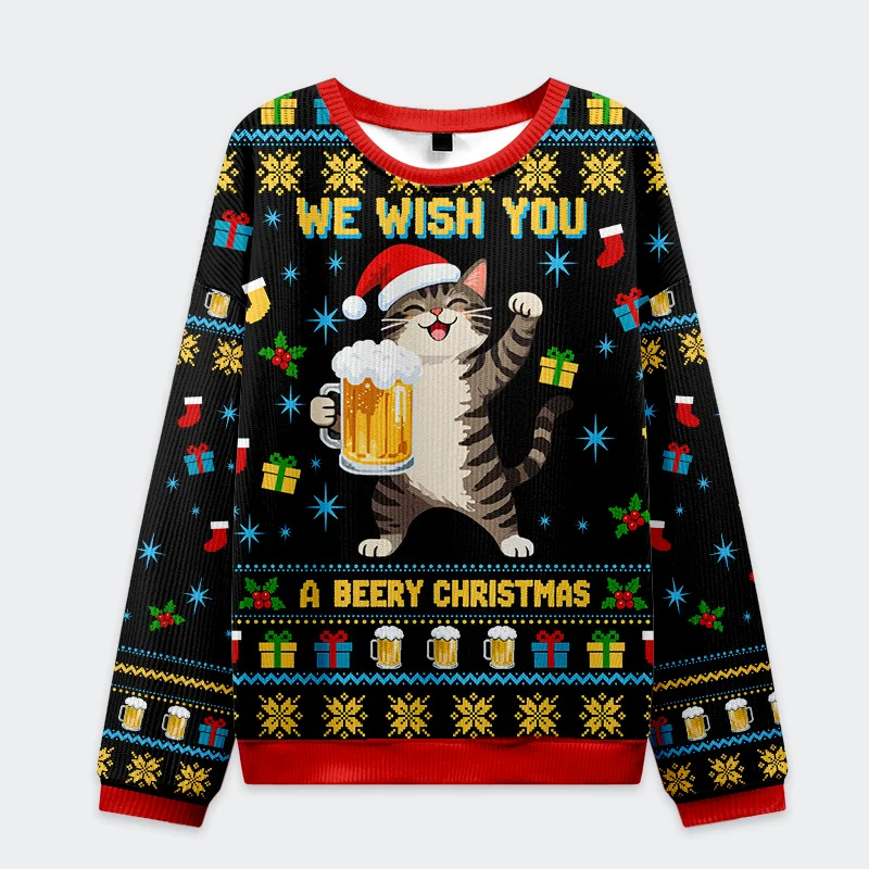 Tokyo-Tiger Cute Cat Drinking Beer Christmas Ugly Sweatshirt