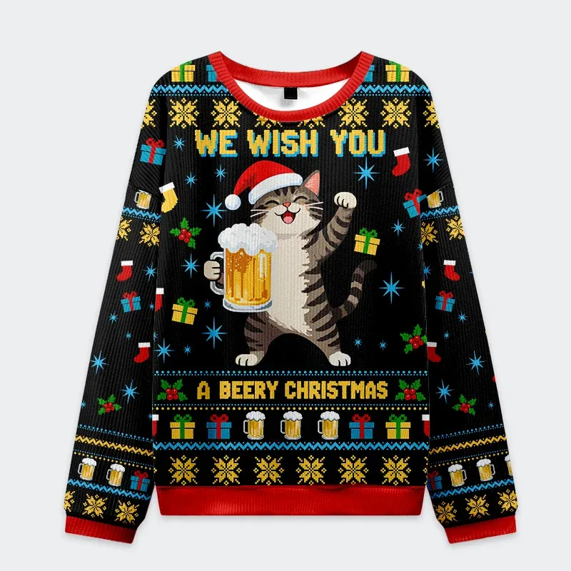 Tokyo-Tiger Cute Cat Drinking Beer Christmas Ugly Sweatshirt