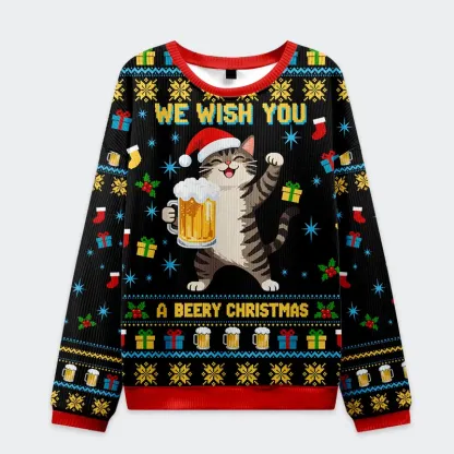 Tokyo-Tiger Cute Cat Drinking Beer Christmas Ugly Sweatshirt
