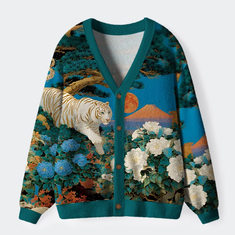 Tokyo-Tiger White Tiger Ukiyo-e Ugly Cardigan Sweater