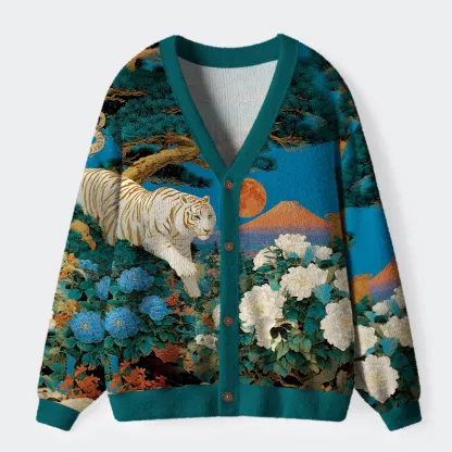 Tokyo-Tiger White Tiger Ukiyo-e Ugly Cardigan Sweater