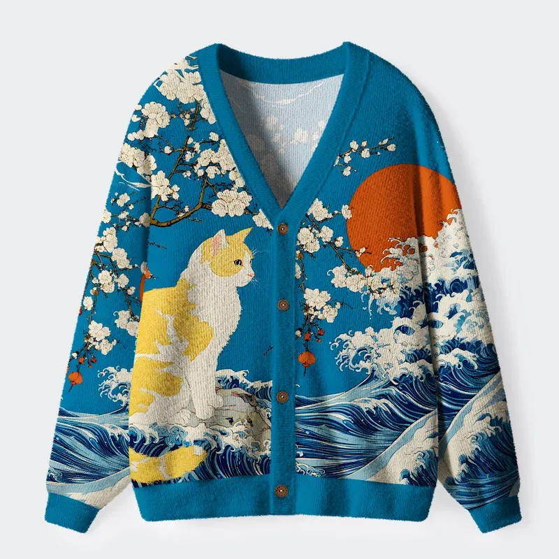 Tokyo-Tiger Waves And Cats Ugly Cardigan Sweater