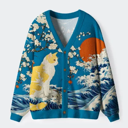 Tokyo-Tiger Waves And Cats Ugly Cardigan Sweater